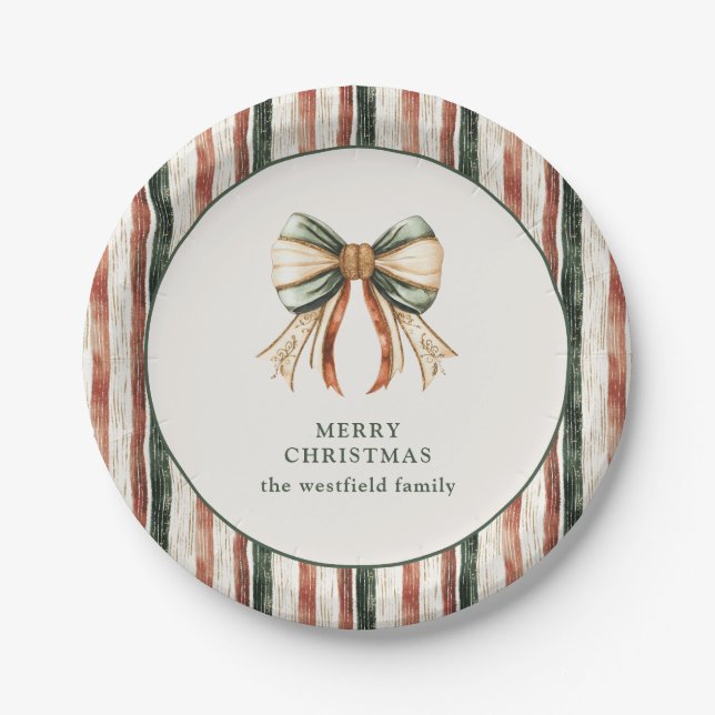 Prato De Papel Rustic Stripes Personalized Merry  Christmas (Frente)