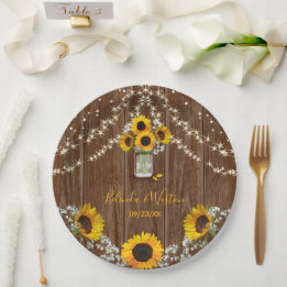 Prato De Papel Rustic Sunflower e Mason Jar Wedding