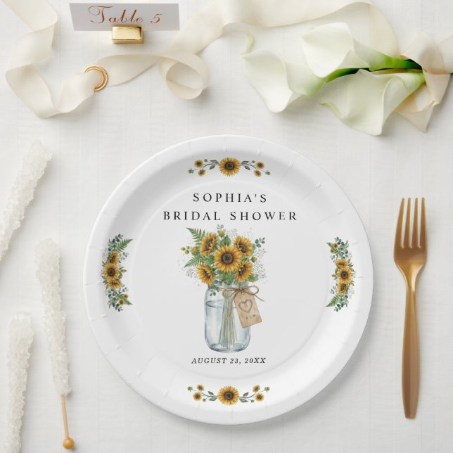 Prato De Papel Rustic Sunflower Mason Jar Bridal Shower Paper  (Casamento)