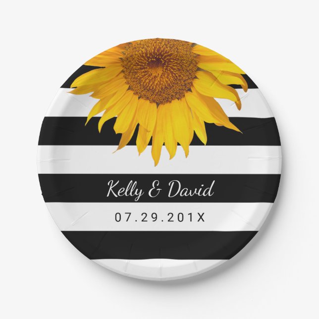 Prato De Papel Rustic Sunflower Weding Modern Stripes (Frente)