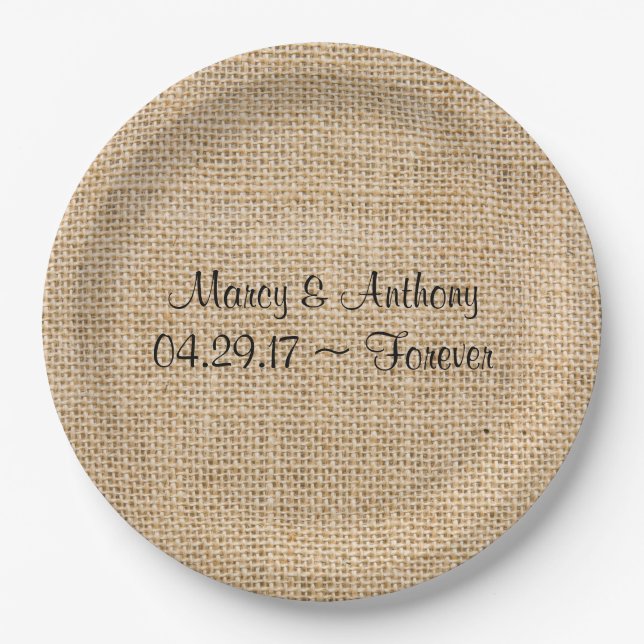 Prato De Papel Rustic Wedding Burlap Personalizado Data (Frente)