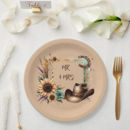 Prato De Papel Rustic Western Mr & Mrs Party Plates
