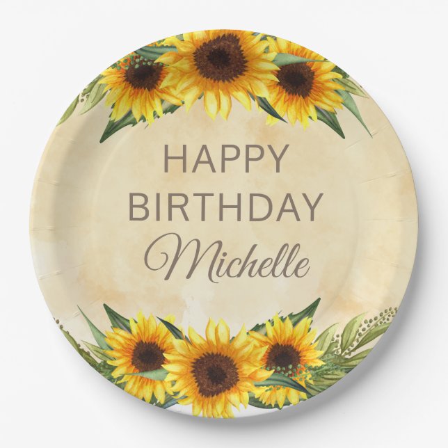 Prato De Papel Rustic Yellow Sunflower Custom Birday (Frente)