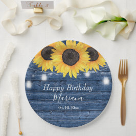 Prato De Papel Rústico Floral Girassóis Festa de aniversário Azul
