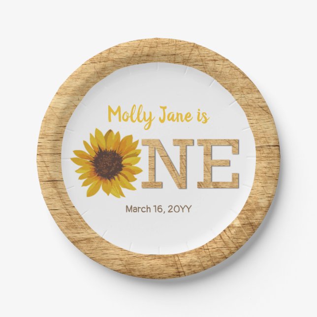Prato De Papel Rústico primeiro aniversario de girassol Boho Wate (Frente)