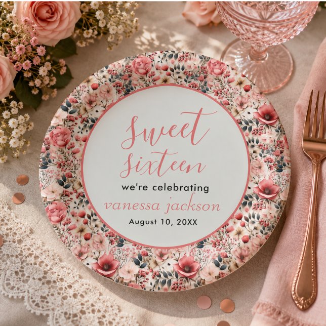 Prato De Papel Rústico rosa floral em tom bege doce dezesseis (Rustic blush pink floral rose gold sweet sixteen paper plates)