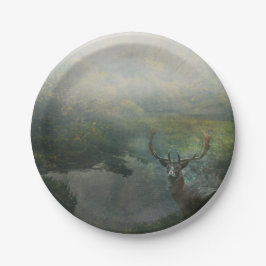 Prato De Papel Rústico Veado Por Floresta Pond