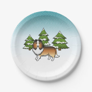 Prato De Papel Sable Shetland Sheepdog Numa Floresta De Inverno