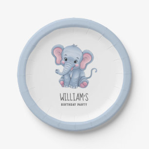 Prato De Papel Safari Animal Elephant White Blue Personalizado