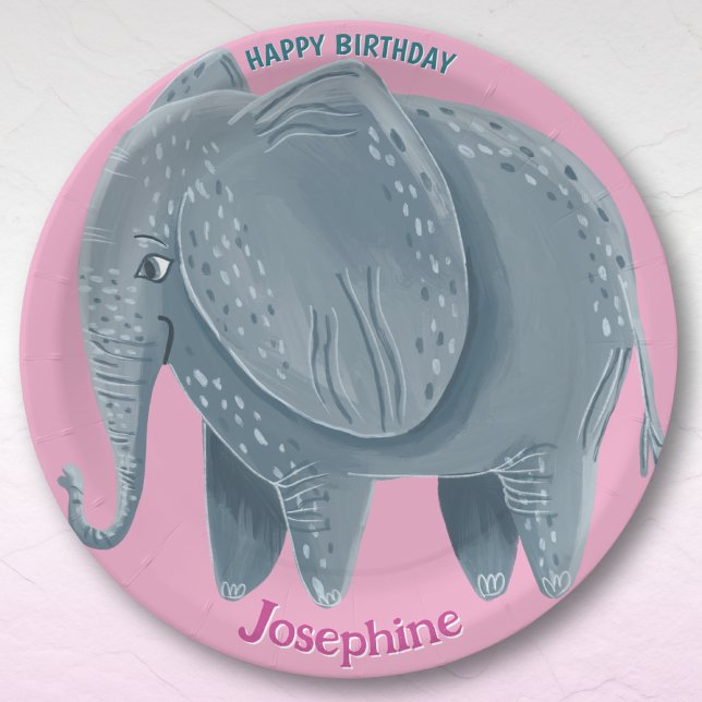 Prato De Papel Safari animals birthday watercolor elephant girl (Criador carregado)