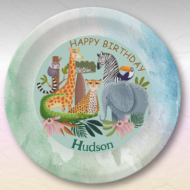 Prato De Papel Safari animals jungle birthday watercolor (Criador carregado)