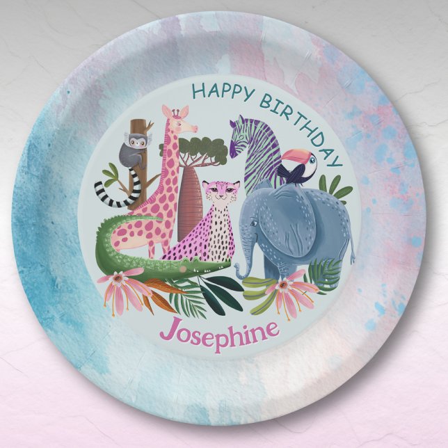 Prato De Papel Safari animals jungle birthday watercolor girl (Criador carregado)