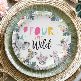Prato De Papel Safari Garota Rosa Quatro Aves Selvagens Aniversár