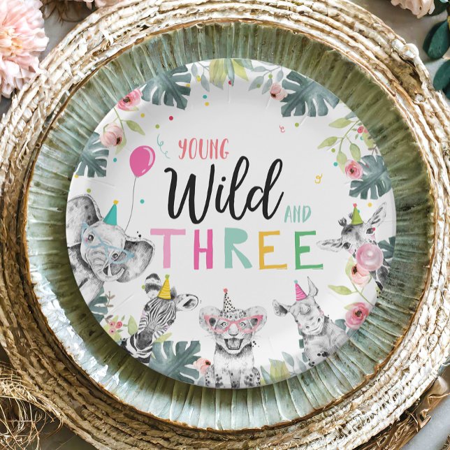 Prato De Papel Safari Garota Rosa, Terceiro Aniversário (Criador carregado)
