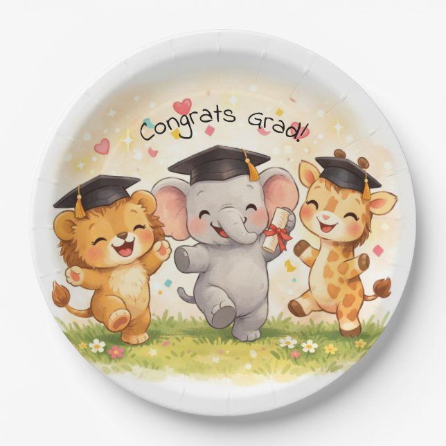 Prato De Papel Safari Graduation Cute Animal Pastel Party  (Frente)