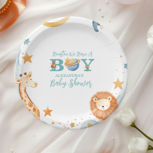Prato De Papel Safari Houston Temos Um Menino Espaço Exterior (Criador carregado)
