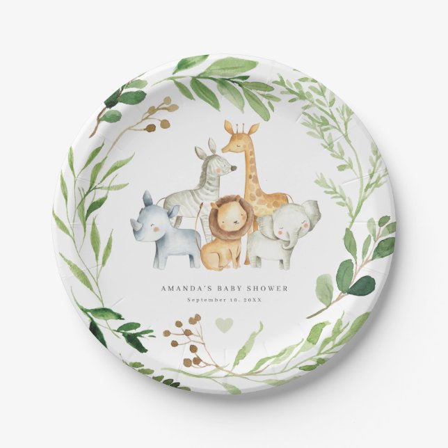 Prato De Papel Safari Jungle Animals Baby Shower Paper Plates (Frente)
