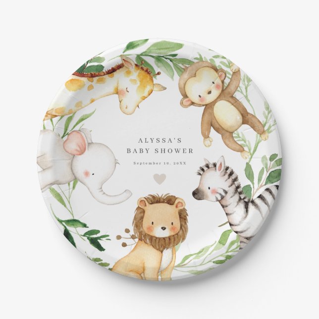 Prato De Papel Safari Jungle Animals Baby Shower Paper Plates (Frente)