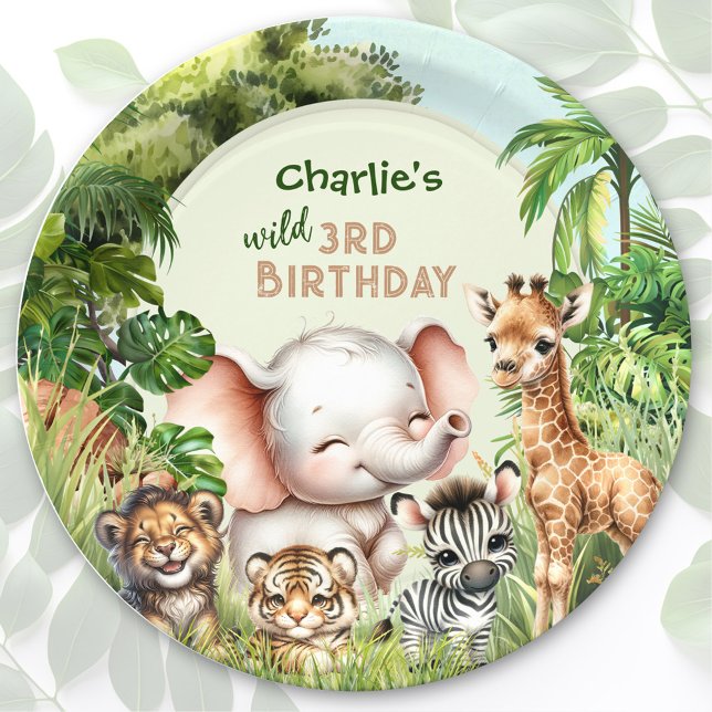 Prato De Papel Safari Selgle ZOO Cute Animal Selvagem aniversário (Safari Jungle ZOO Cute Animals Wild 3rd Birthday Paper Plates)