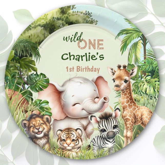 Prato De Papel Safari Selva Animais Selvagens Selvagens Um primei (Safari Jungle Cute Animals Wild One 1st Birthday Paper Plates)