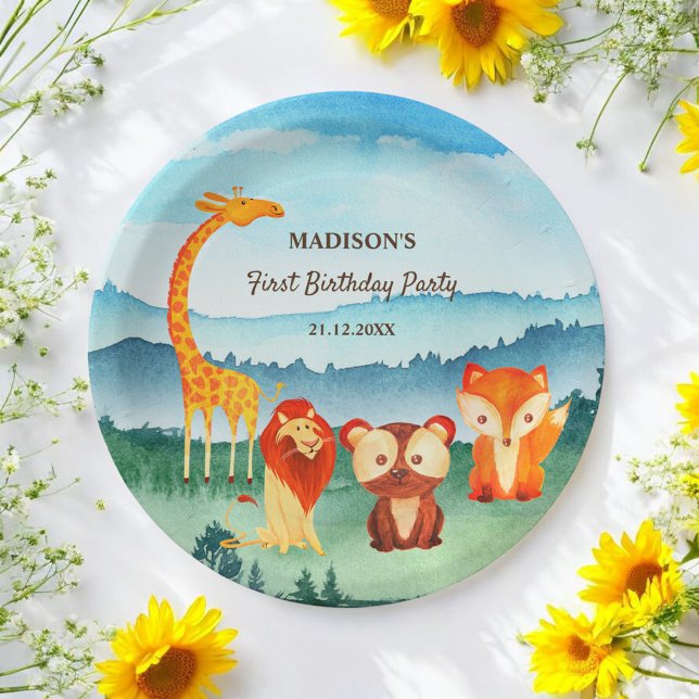 Prato De Papel Safari Zoo Animal Azul Água Verde (Criador carregado)