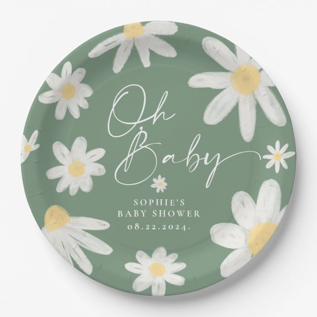 Prato De Papel Sage Green Boho Daisy Flower Paper Placas (Frente)