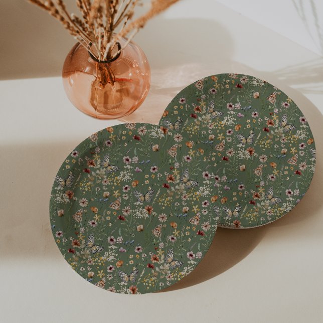 Prato De Papel Sage Green Boho Wildflower (Sage Green Boho Wildflowers Paper Plates with Butterflies by Painted Paperie
)