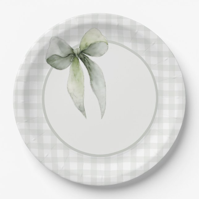 Prato De Papel Sage Green Bow Gingham Baby Shower (Frente)