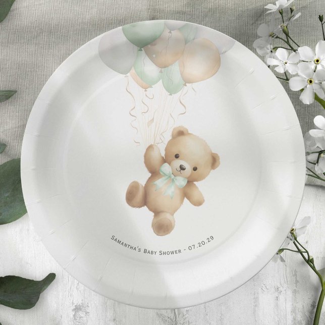 Prato De Papel Sage Green Bprecoce Esperar Sexo Chá neutro (Sage Green We can Bearly Wait, Gender Neutral Baby Shower paper plate.)