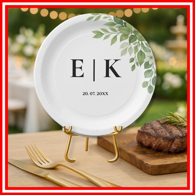 Prato De Papel Sage Green deixa Greenery Monograma Casado (Criador carregado)