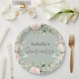 Prato De Papel Sage Green Floral Watercolor Quinceañera Paper