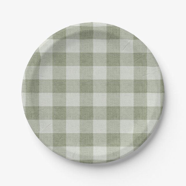 Prato De Papel Sage Green Gingham Buffalo Check Linen Texture  (Frente)
