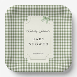 Prato De Papel Sage Green Gingham Chá de fraldas Convite com Arco