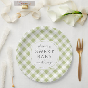Prato De Papel Sage Green Gingham Xadrez Sweet Baby