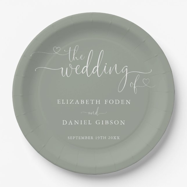 Prato De Papel Sage Green Heart Script Wedding (Frente)