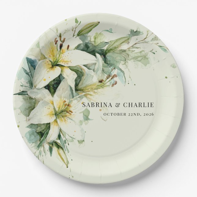 Prato De Papel Sage Green Lily Valley Elegant Floral Wedding (Frente)