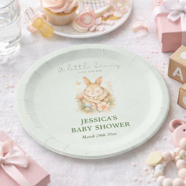 Prato De Papel Sage Green Little Bunny Neutral Baby Shower     (Criador carregado)
