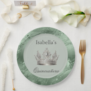 Prato De Papel Sage Green Metálico Silver Tiara Coroa Quinceañera