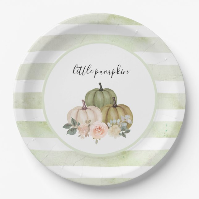 Prato De Papel Sage Green Pumpkin Plates Russo Fall Chá de fralda (Frente)
