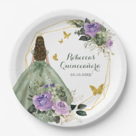Prato De Papel Sage Green Purple Quinceañera Paper Plate