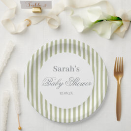 Prato De Papel Sage Green Stripes Baby Shower