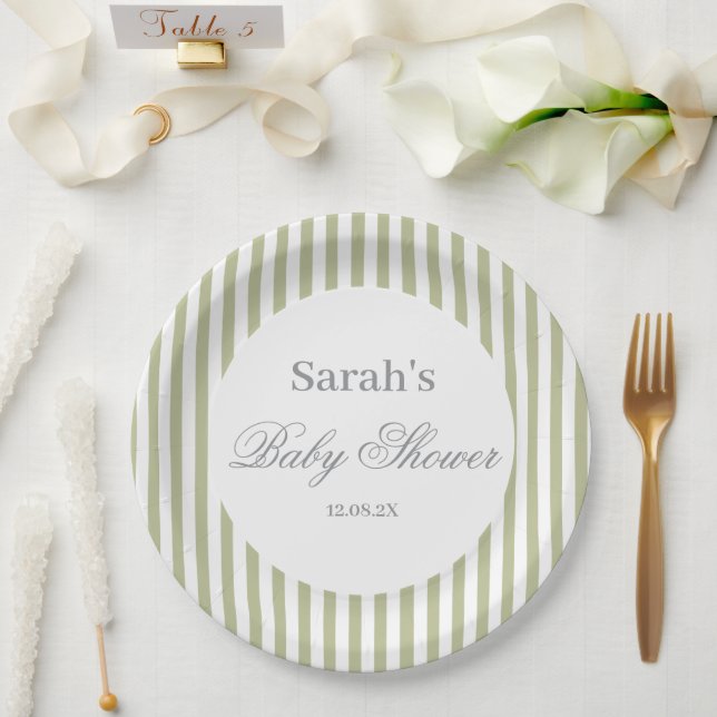Prato De Papel Sage Green Stripes Baby Shower (Casamento)