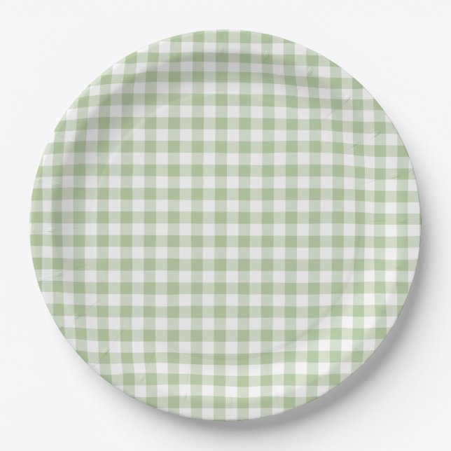 Prato De Papel Sage Minúsculo e Gingham Branco (Frente)