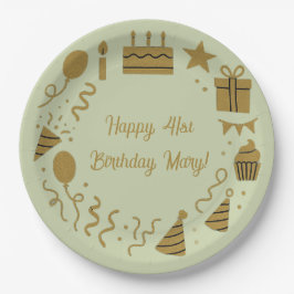 Prato De Papel Sage Verde - Aniversário Luxuoso Dourado Personali