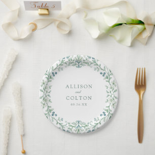 Prato De Papel Sage Verde Moldura Floral Botânica Vintage Casamen
