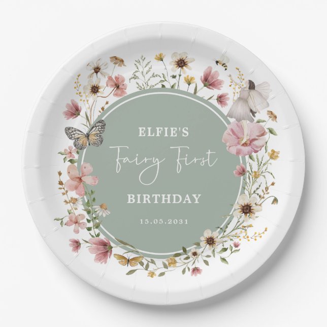 Prato De Papel Sage Wildflower Fairy Princess Birthday Tea Party (Frente)