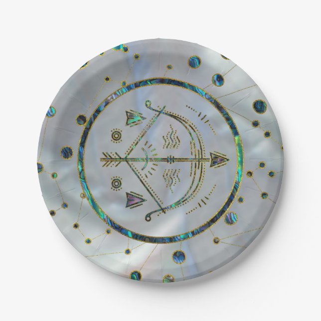 Prato De Papel Sagittarius Zodiac Dourado Abalone sobre constelaç (Frente)