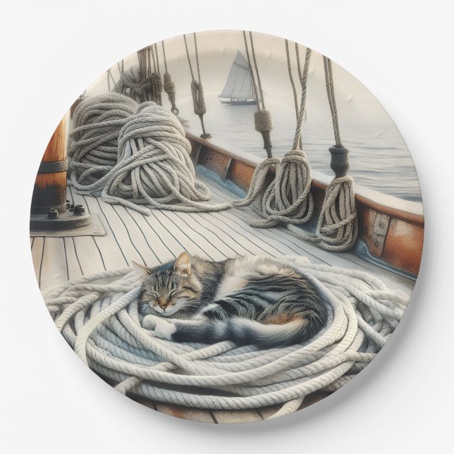 Prato De Papel Sailboat Tabby Cat Dormindo em Cabos (Frente)