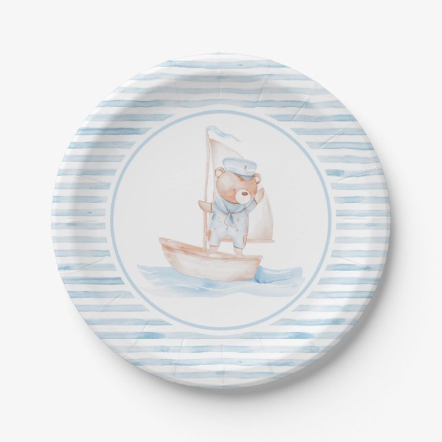 Prato De Papel Sailor Bear Blue Stripe Birthday (Frente)