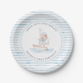Prato De Papel Sailor Bear Blue Stripe Birthday